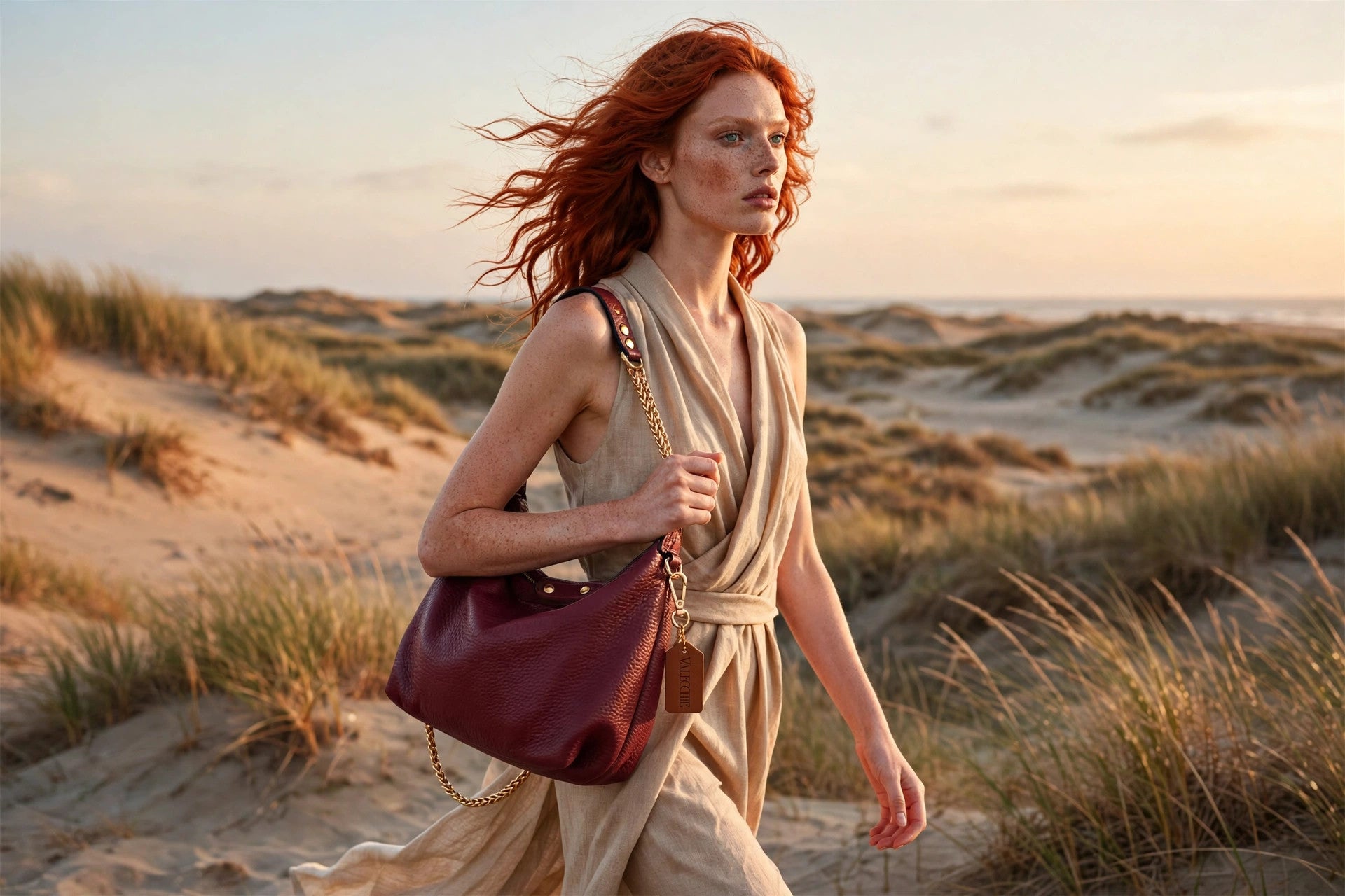 The Lil Valecchie in burgundy, worn on coastal dunes
