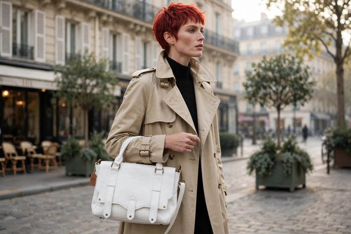 Emma in genuine Italian leather, worn