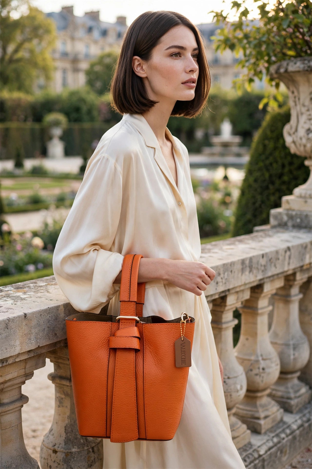 The Roma in orange, worn in a Paris garden
